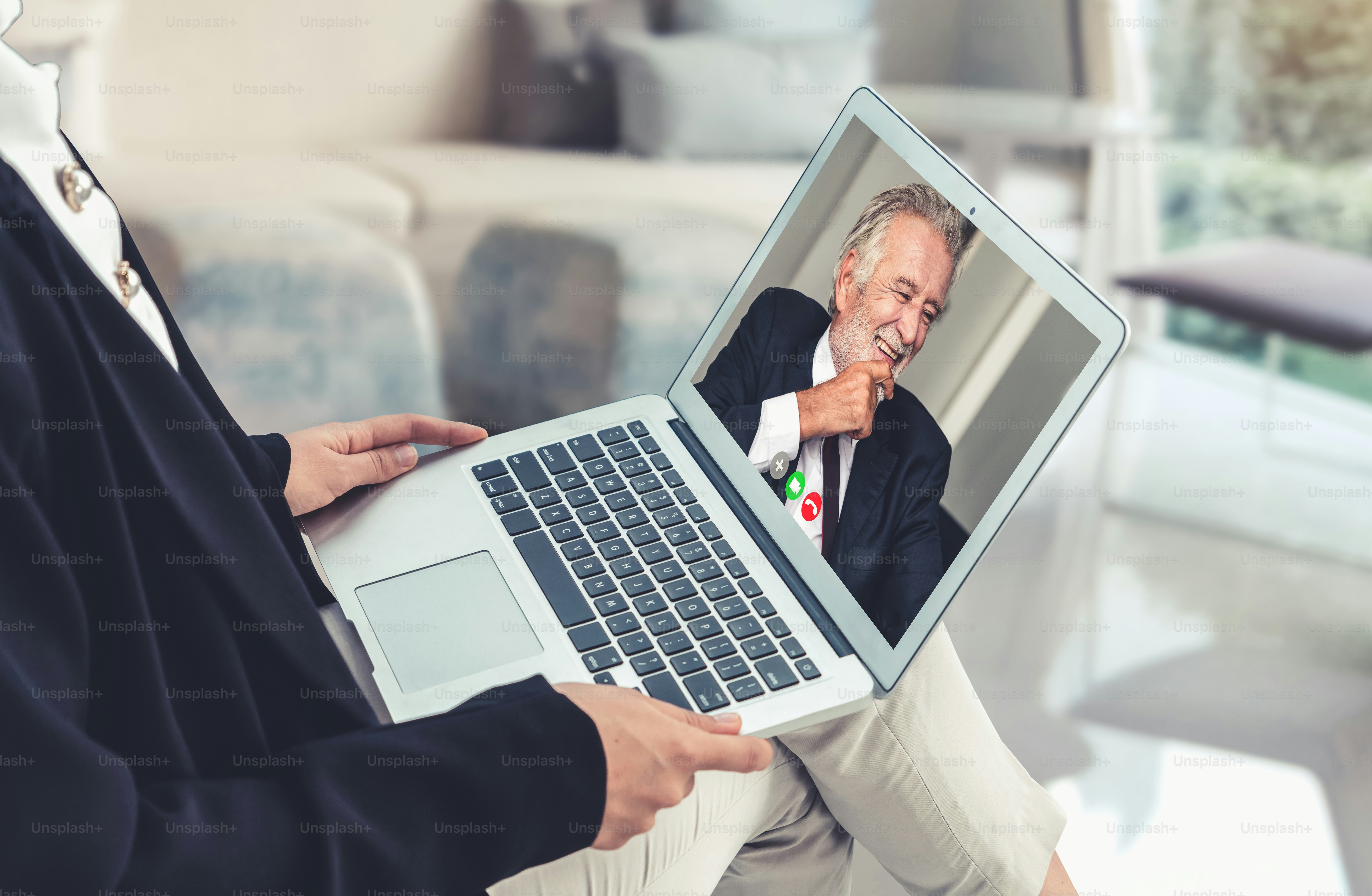 Video call business people meeting on virtual workplace or remote office. Telework conference call using smart video technology to communicate colleague in professional corporate business.