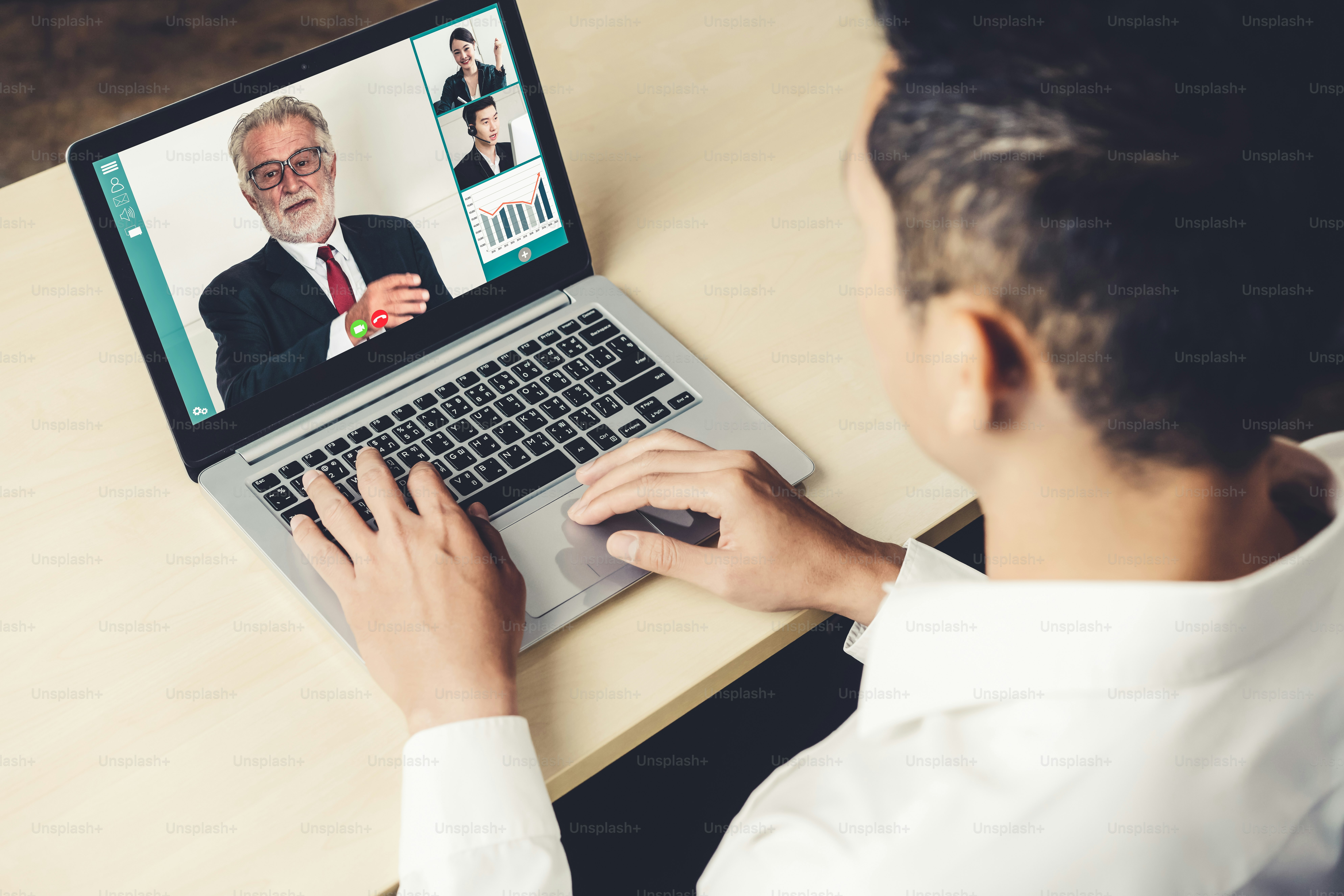 Video call business people meeting on virtual workplace or remote office. Telework conference call using smart video technology to communicate colleague in professional corporate business.