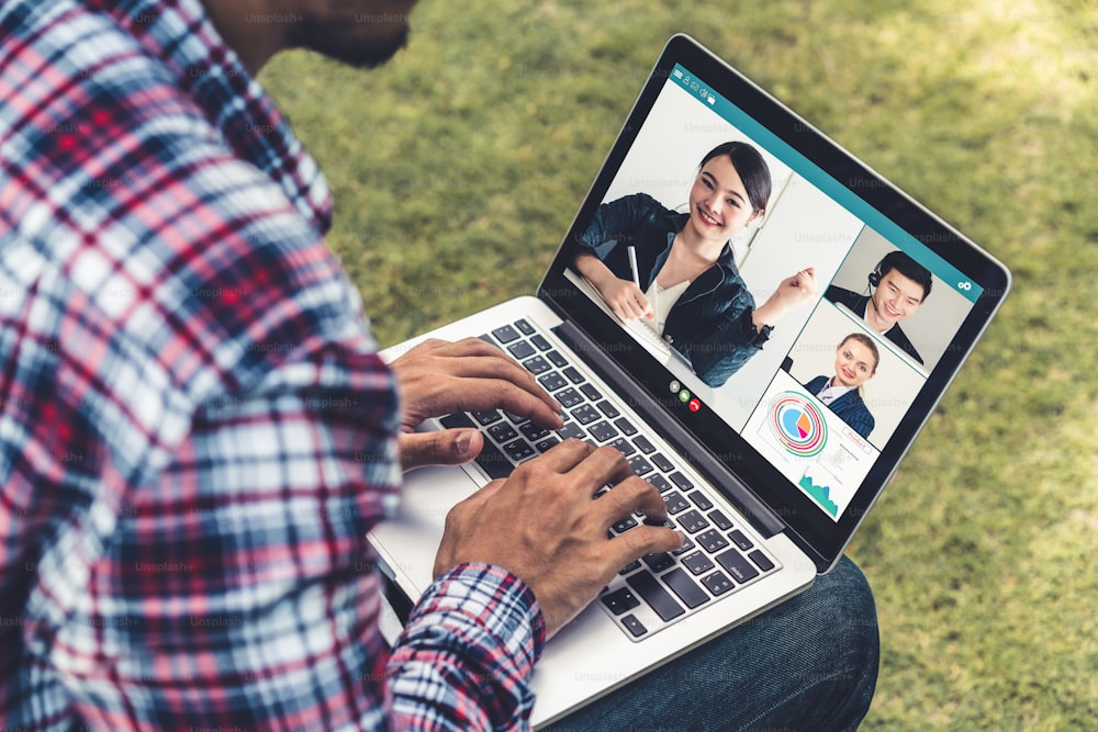 Video call business people meeting on virtual workplace or remote office. Telework conference call using smart video technology to communicate colleague in professional corporate business.