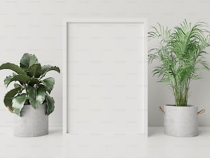 Innenposter Mock up mit Pflanzentopf, Blume im Raum mit weißer Wand. 3D-Rendering.