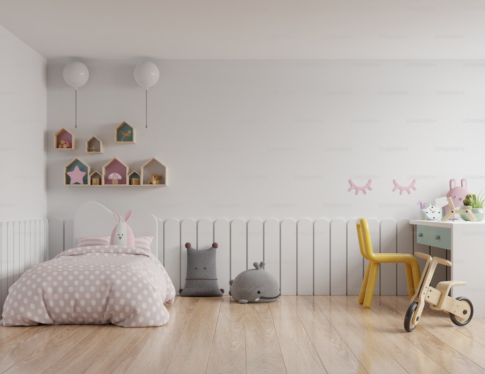 렌더링 .3d 흰색 벽 배경에 있는 어린이 방의 침실 모형 벽
