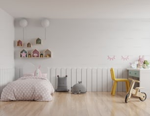 Bedroom mockup wall in the children's room in white wall background .3d rendering