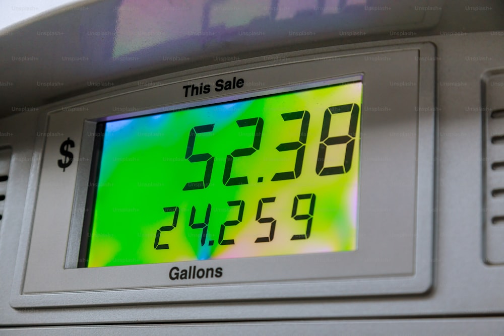 Gasoline price counter on display showing gas price a gas pump meter running at a gas station
