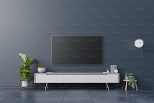 LED-TV an der dunklen Wand im Wohnzimmer, minimales Design, 3D-Rendering
