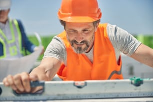 Portrait of a smiling concentrated mature builder placing a spirit level on a brick wall