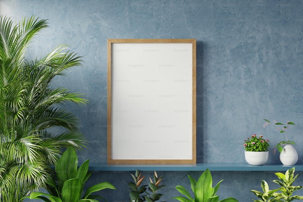 Interior poster mockup with plant in room with dark blue wall. 3D rendering