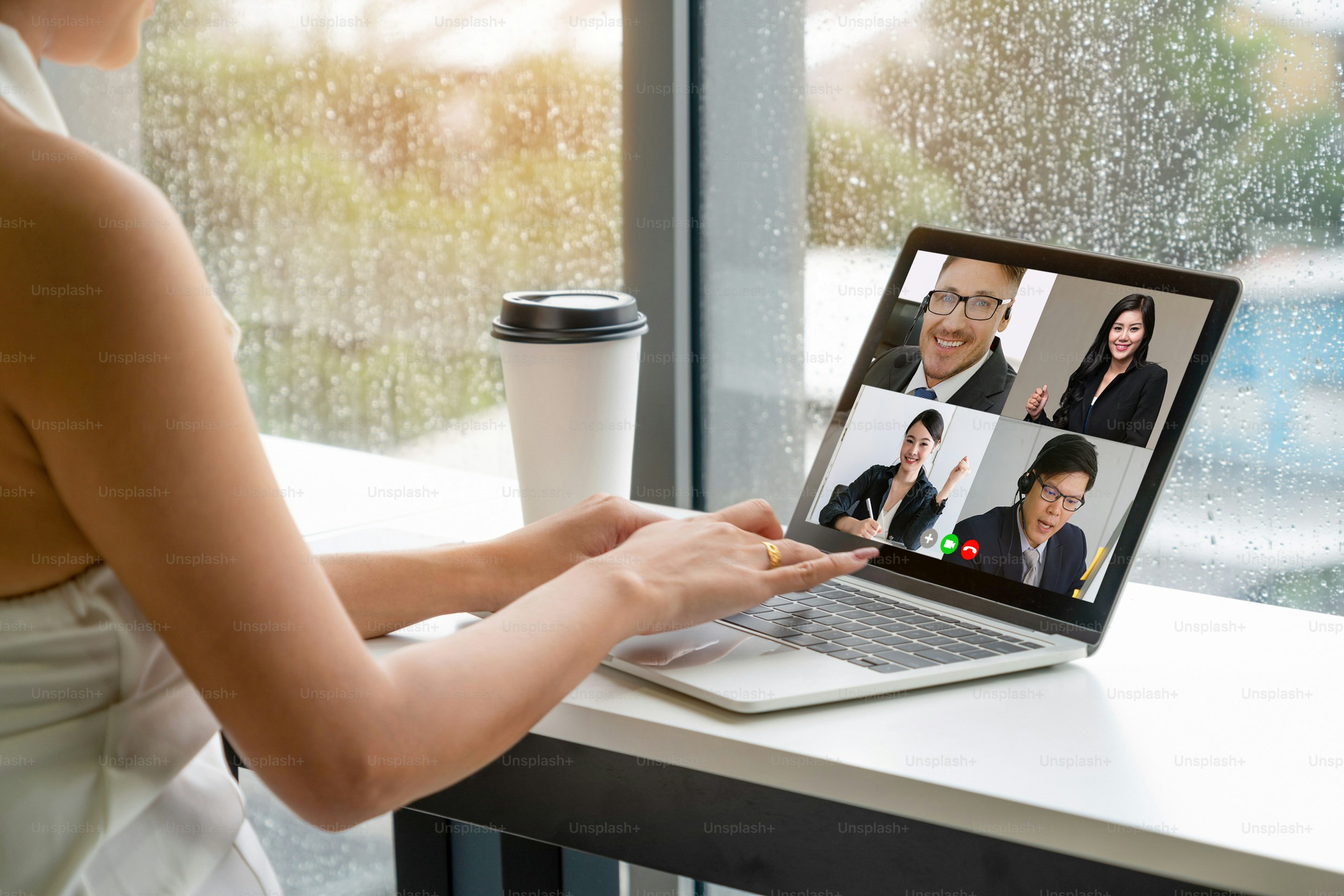 Video call business people meeting on virtual workplace or remote office. Telework conference call using smart video technology to communicate colleague in professional corporate business.