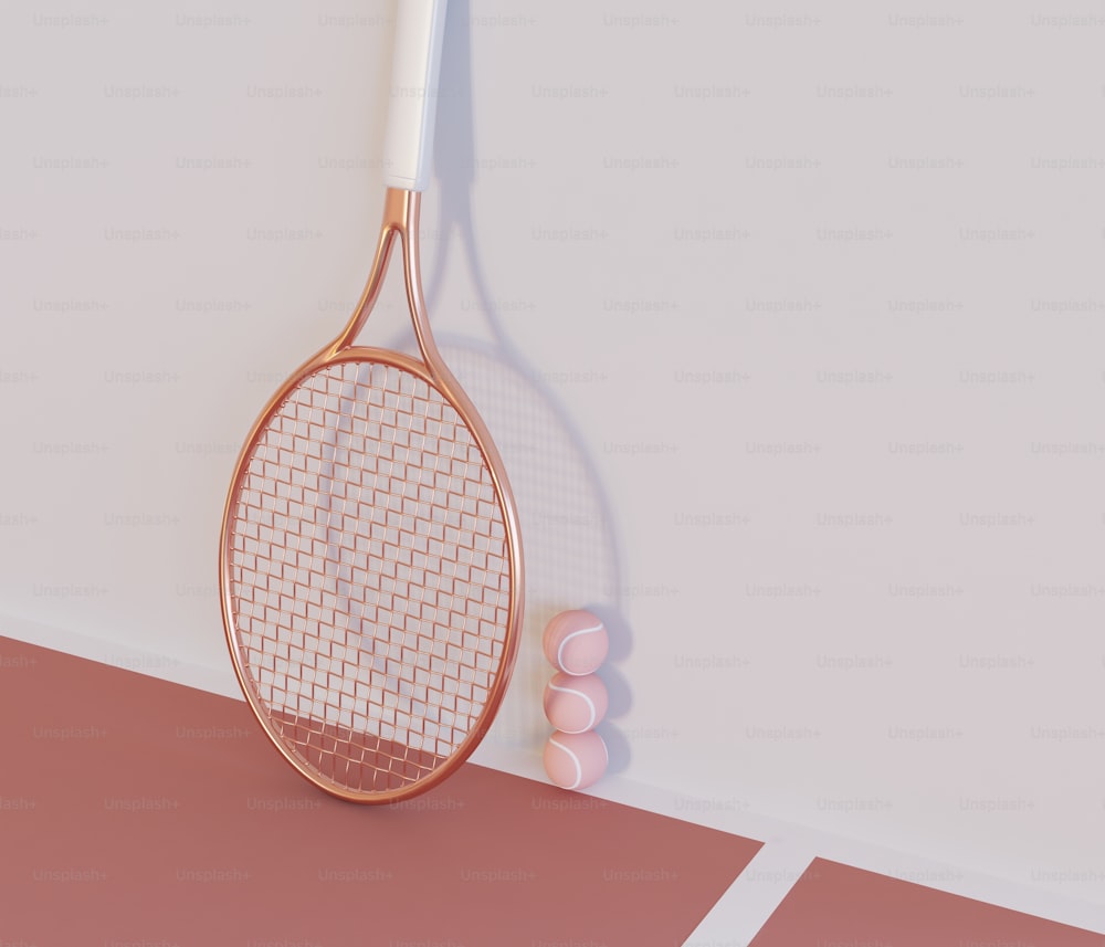 3D Illustration. Tennis Racket and balls. Abstract tennis background. Minimalism concept. Sport concept.