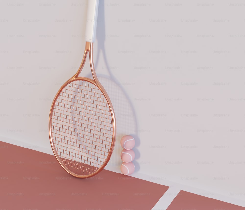 Ilustración 3D. Raqueta de tenis y pelotas. Fondo abstracto de tenis. Concepto de minimalismo. Concepto deportivo.