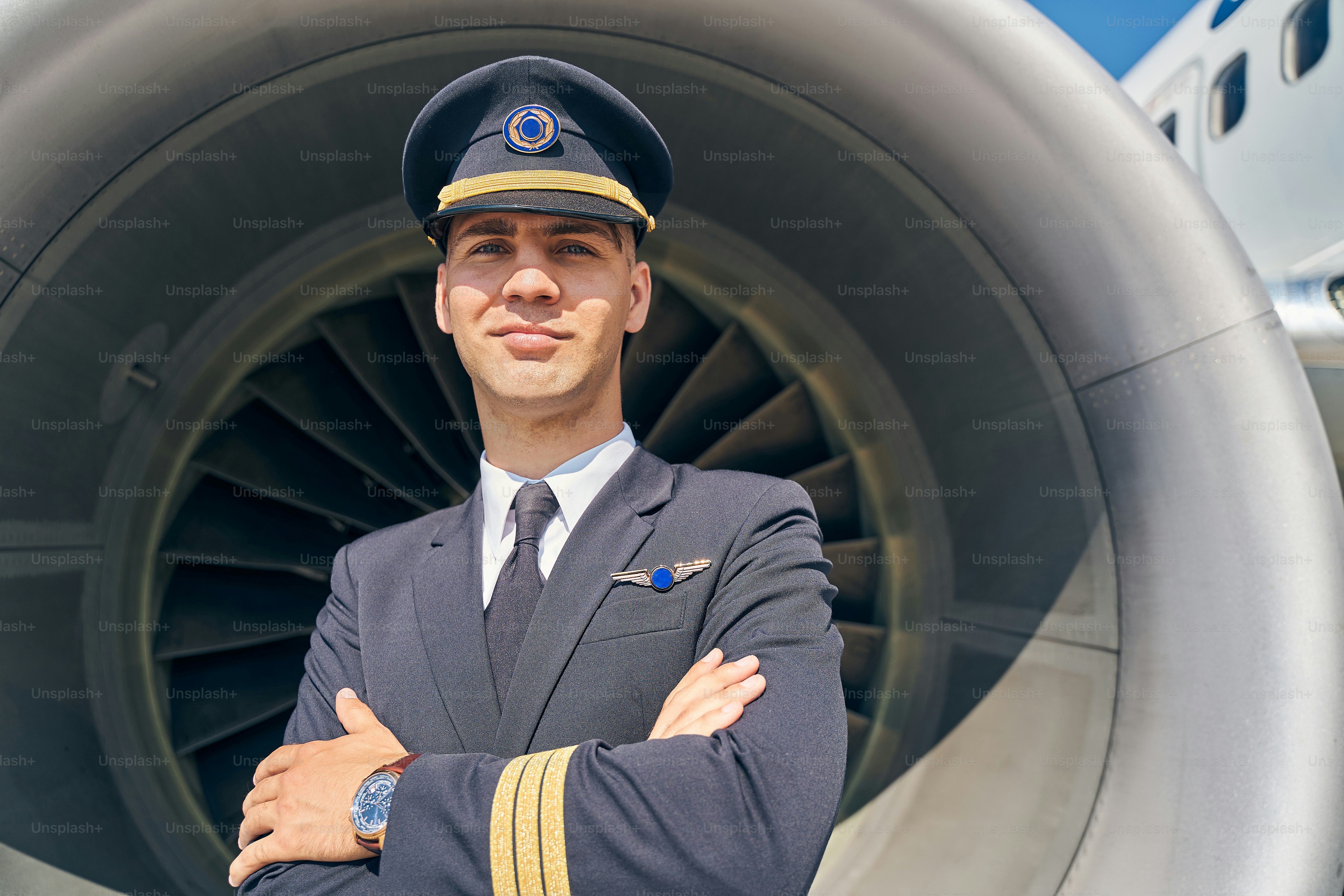 Portrait of a serene young airman with folded arms standing in front of the aeroengine