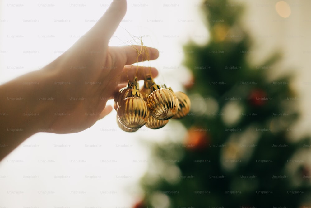 Decorating christmas tree. Hand holding modern gold baubles on background of green tree. Hanging ornaments on christmas tree, festive decoration of room