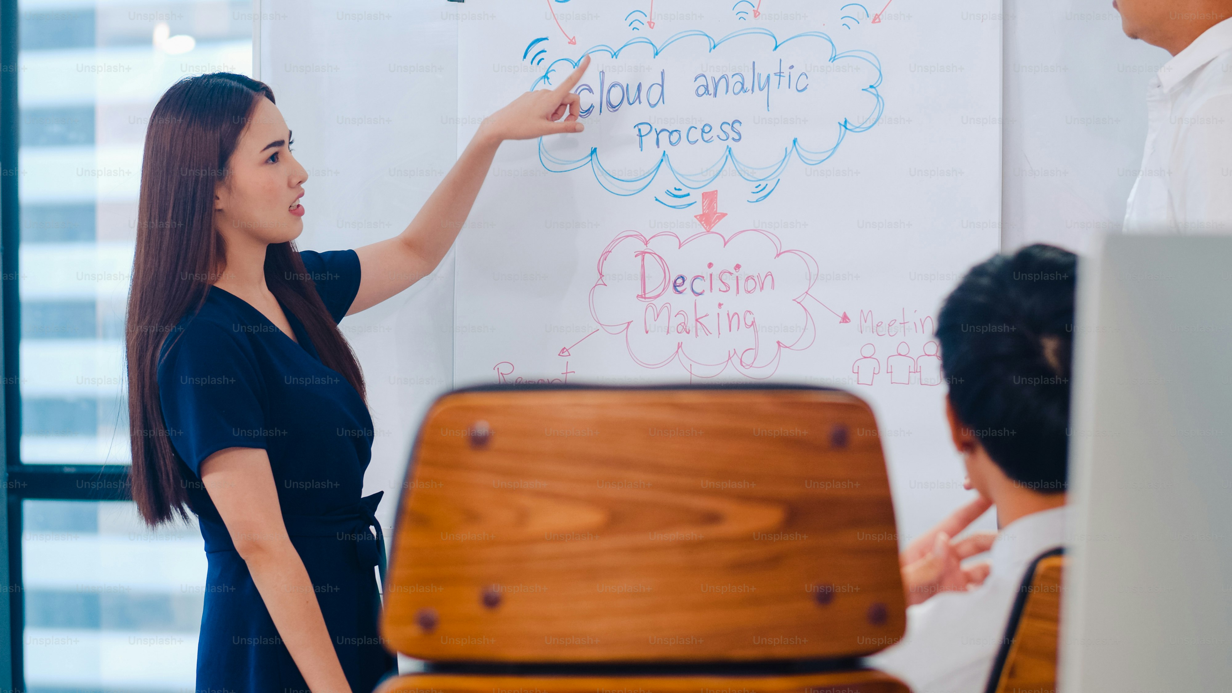 Asia businessmen and businesswomen meeting brainstorming ideas conducting business presentation project colleagues working together plan success strategy enjoy teamwork in small modern office.