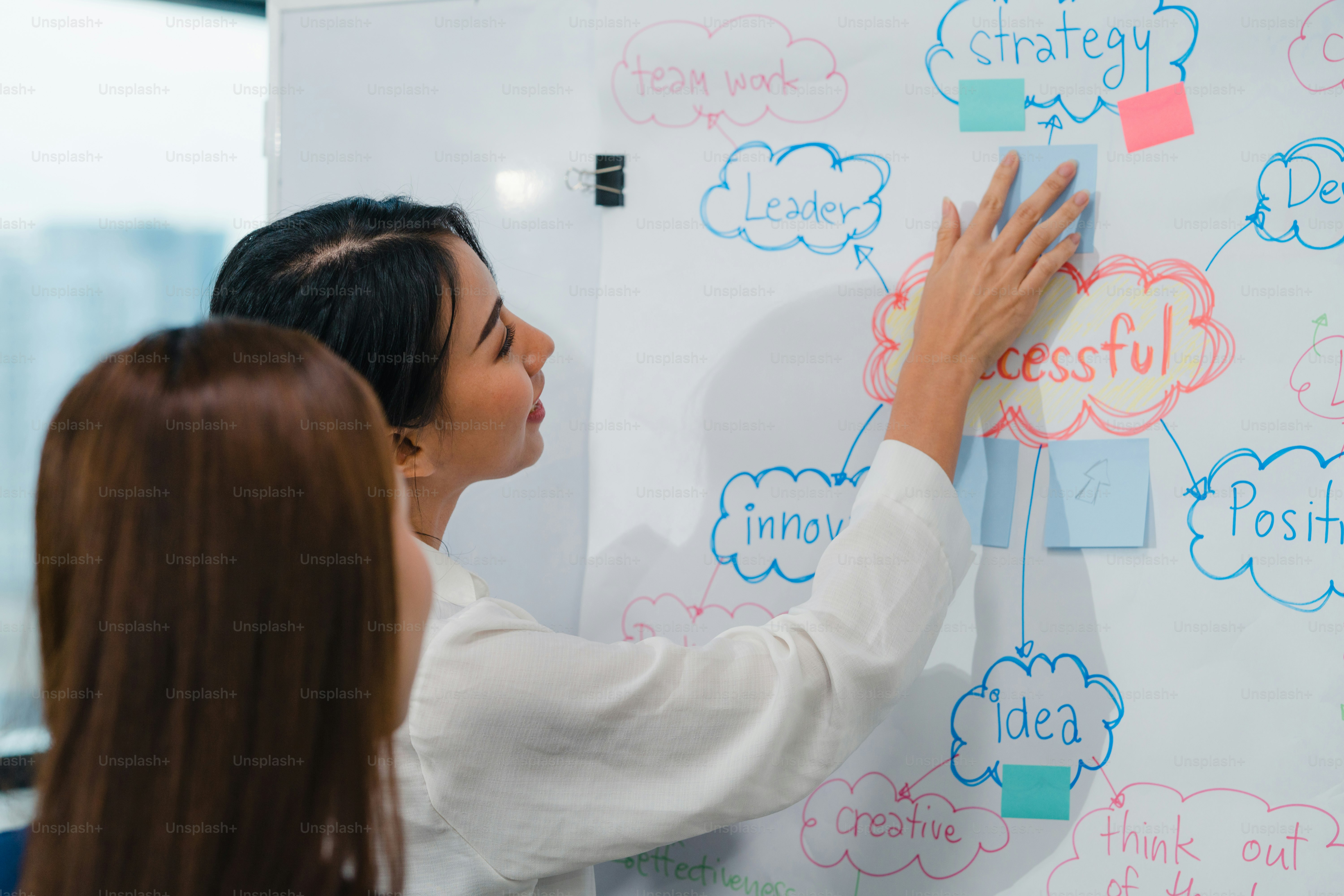 Les hommes et les femmes d’affaires asiatiques se réunissent pour réfléchir à des idées, mener des présentations d’affaires, des collègues de projet, travailler ensemble, planifier la stratégie de réussite, profiter du travail d’équipe dans un petit bureau moderne.