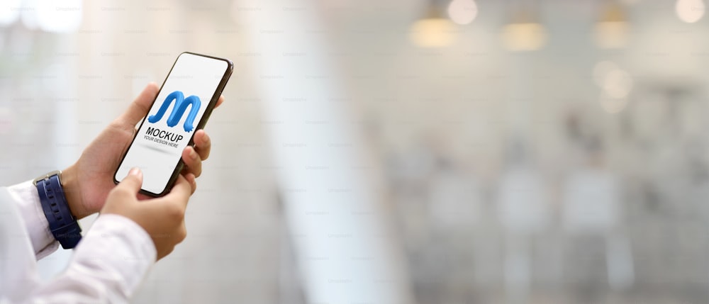 Close up view of female hands holding mock up smartphone on blurred background