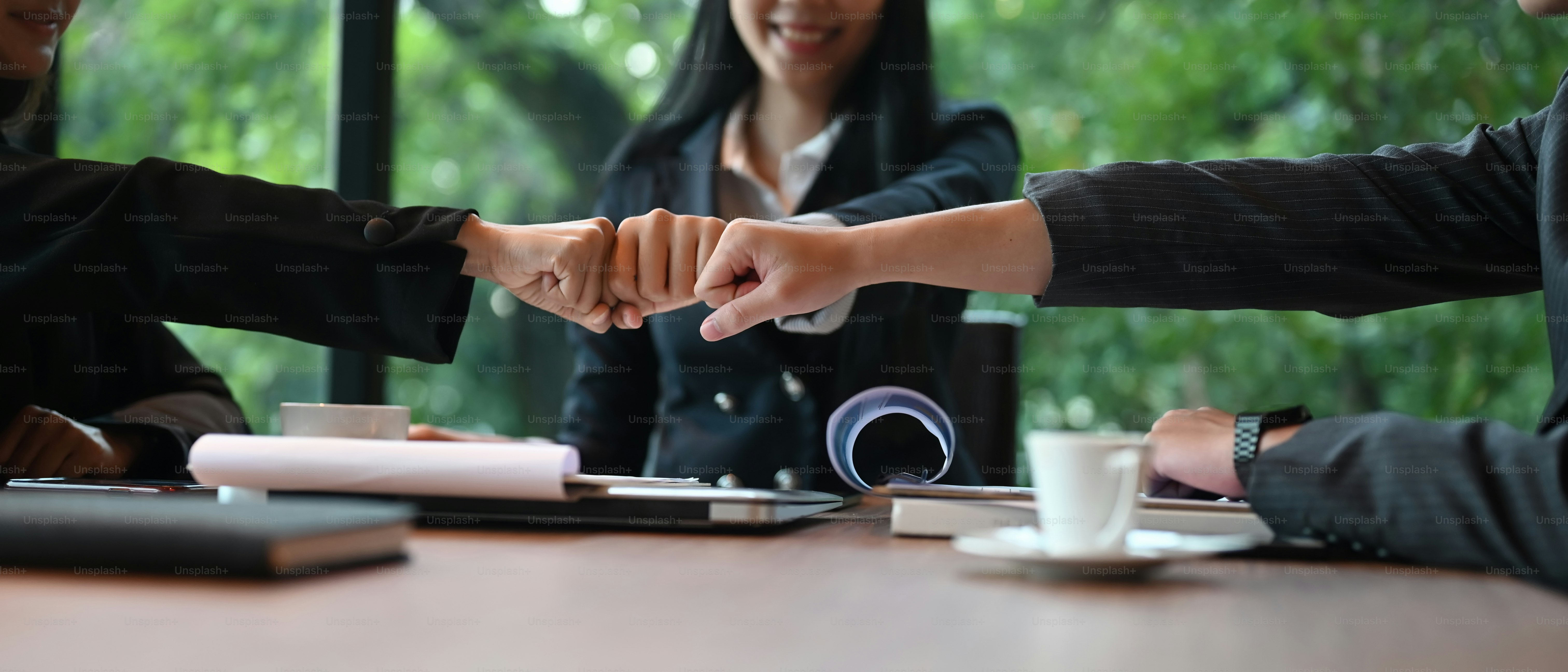 Businesspeople are greeting each other with hand bumping while sitting ...
