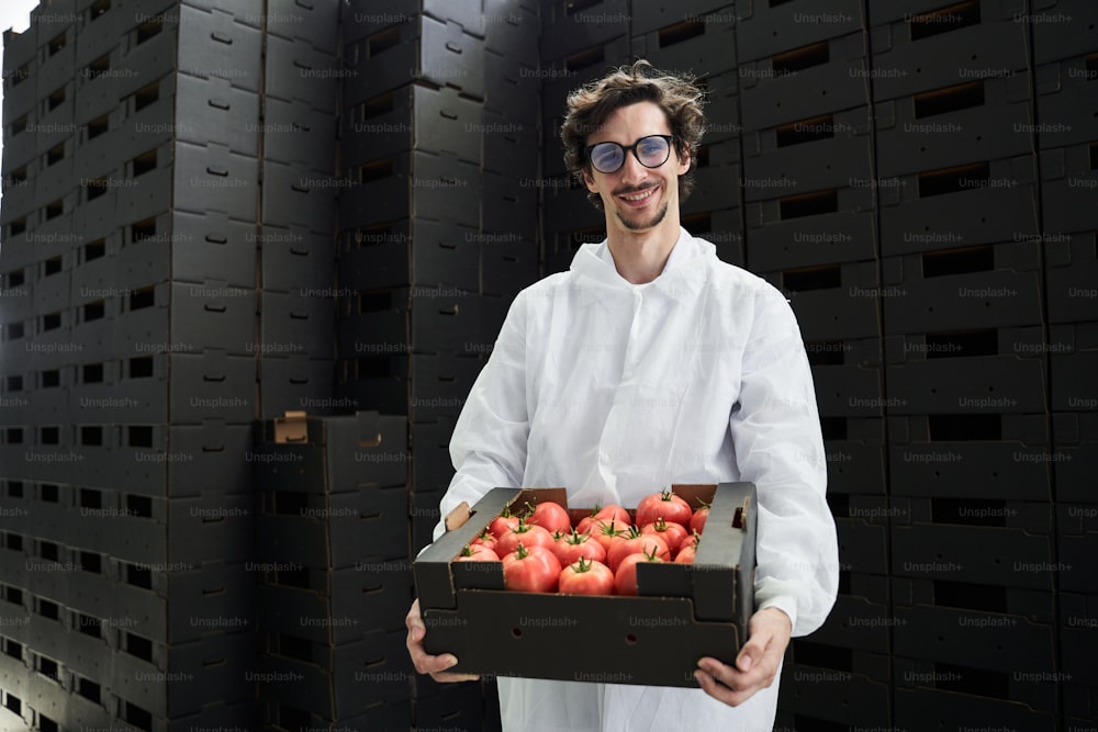 Front view of a cute young male worker holding a carton filled with fresh tomatoes
