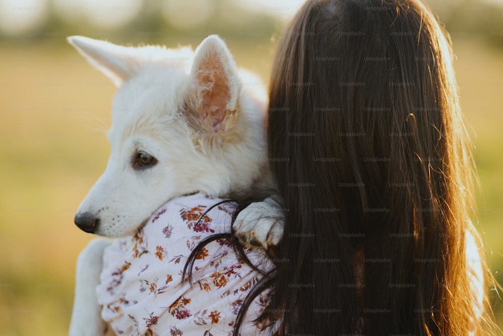 Donna che abbraccia il cucciolo bianco carino nella calda luce del tramonto nel prato estivo, vista posteriore. Ragazza felice che tiene da vicino un adorabile cucciolo soffice. Bellissimo momento autentico. Concetto di adozione