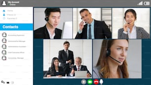Réunion de groupe de gens d’affaires en vidéoconférence sur la vue de l’écran de l’ordinateur portable. Application de séminaire en ligne présentée dans une vue zoom recadrée de l’écran de l’ordinateur. Technologies de communication pour le travail en entreprise.