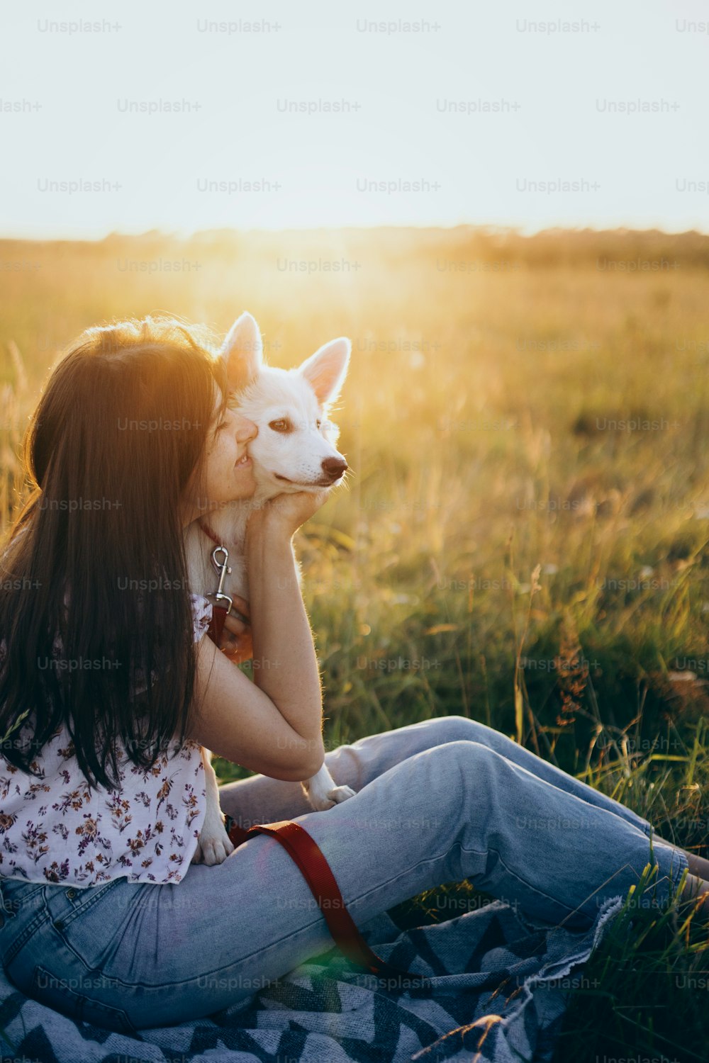 Sommerausflug mit Haustier. Glückliche Frau, die süßen weißen Welpen auf der Sommerwiese im Sonnenuntergangslicht umarmt. Atmosphärischer Moment. Stilvolles Mädchen, das sich mit ihrem entzückenden flauschigen Welpen auf einem Picknick entspannt.