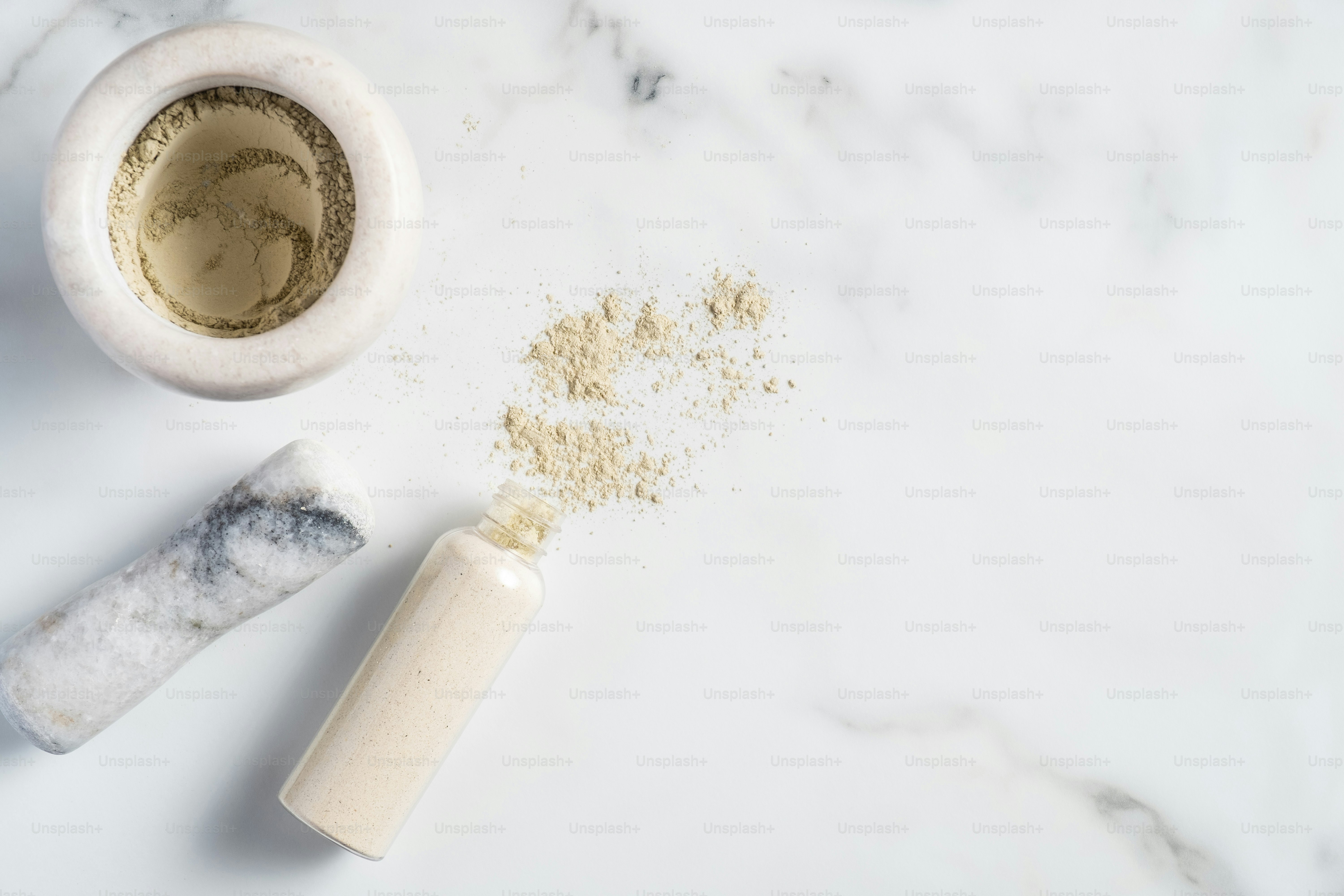 Ayurvedic face pack, ubtan mask ingredients on marble table. Natural facial skin care cosmetic