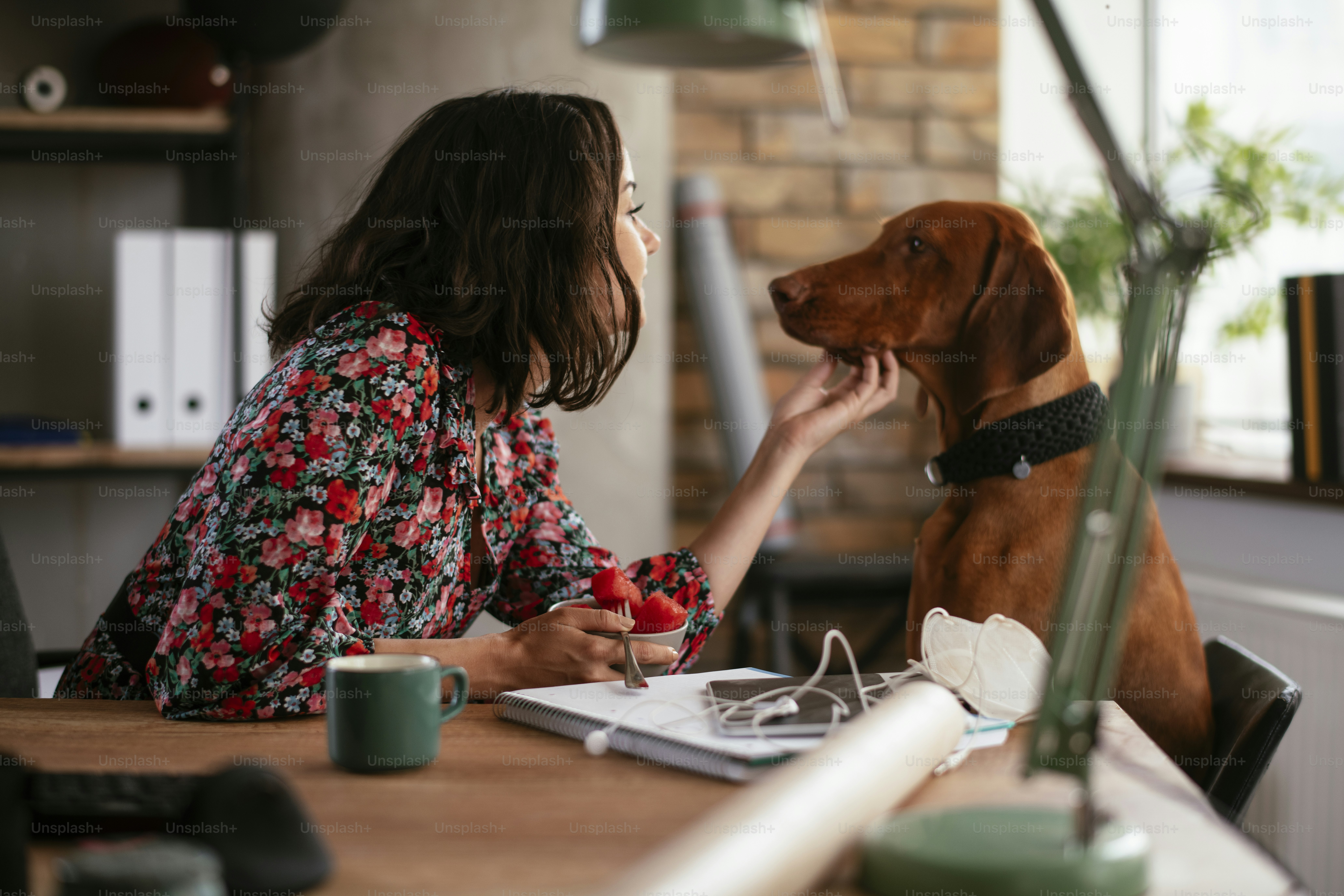 Businesswoman in office having healthy snack. Young woman eating fruit while enjoying with dog