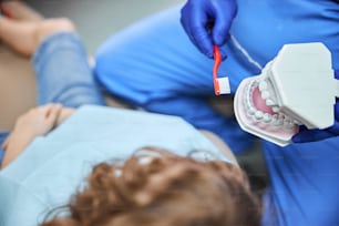 Nahaufnahme eines Zahntonmodells in den Händen eines Zahnarztesit demonstriert die korrekte Art des Zähneputzens