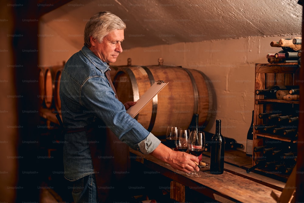 Ruhiger männlicher Sommelier hält ein Klemmbrett und stellt Gläser Rotwein in eine Reihe im Keller