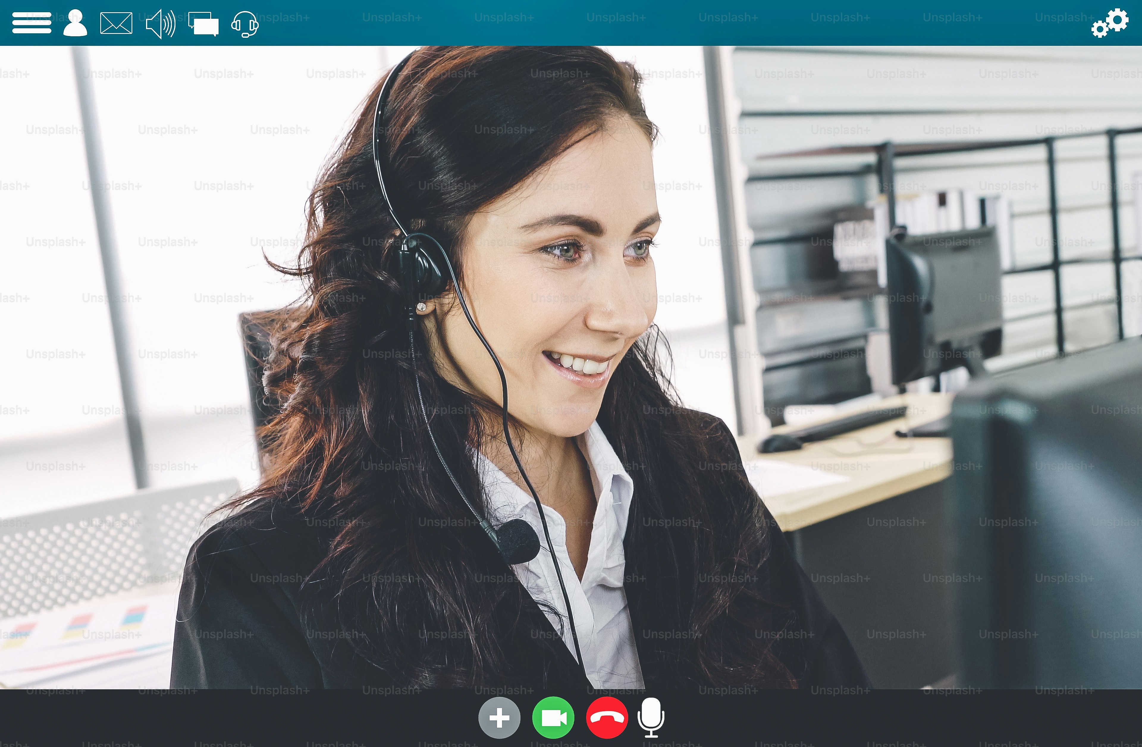 Business people meeting in video conference app on laptop monitor view . Online seminar application presented in cropped view of computer screen . Communication technology for corporate working .