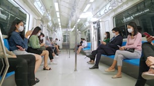 Crowd of people wearing face mask on a crowded public subway train travel . Coronavirus disease or COVID 19 pandemic outbreak and urban lifestyle problem in rush hour concept .