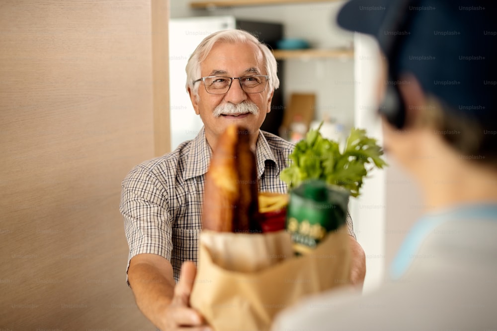 Happy senior man taking bag of groceries from deliverer while standing at doorway.