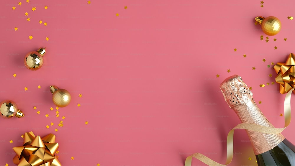 Bottiglia di champagne con stelle di coriandoli, decorazioni di palle dorate e streamer per feste su sfondo rosa. Festa di Natale o concetto di compleanno. Posa piatta, vista dall'alto.