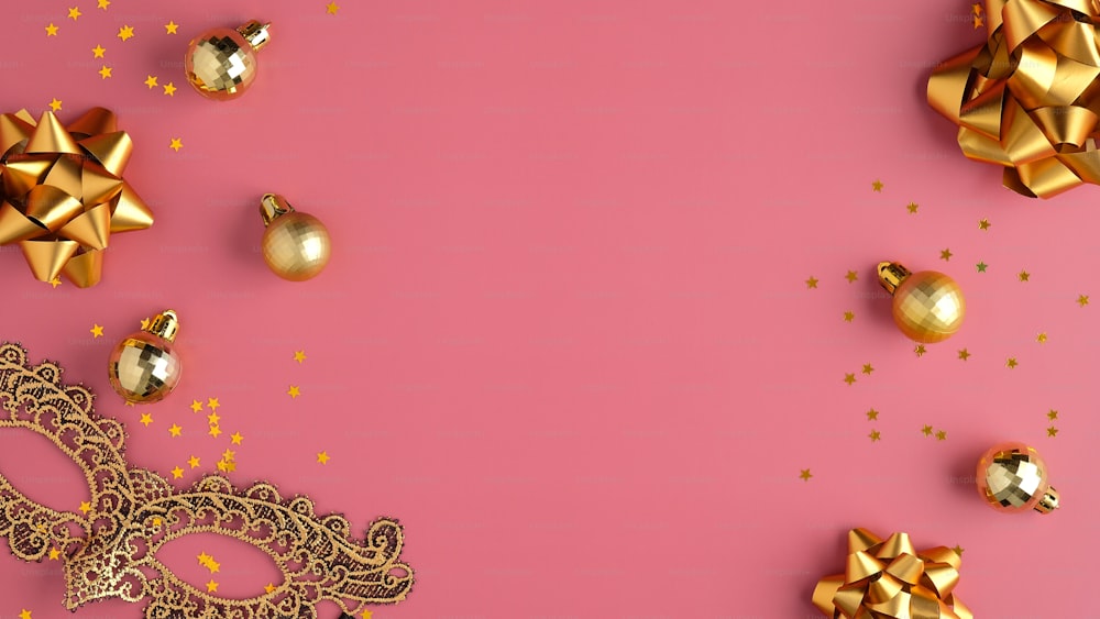 パステルピンクの背景に黄金のクリスマス パーティーの装飾、ボール、紙吹雪の星、カーニバル マスク。クリスマスパーティーや仮面舞踏会のコンセプト。フラットレイ、上面図。