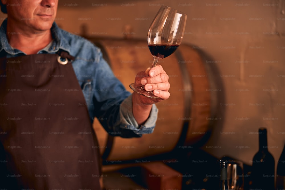 Close up of man in apron holding glass of alcoholic drink while standing in wine cellar