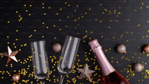 Champagne bottle, glasses, rose gold decorations, confetti on black background. Flat lay, top view. Christmas eve celebration concept.