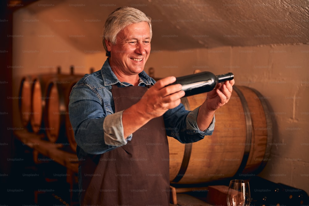 Enólogo alegre no avental segurando garrafa de bebida alcoólica e sorrindo enquanto passa o tempo no armazenamento de vinho