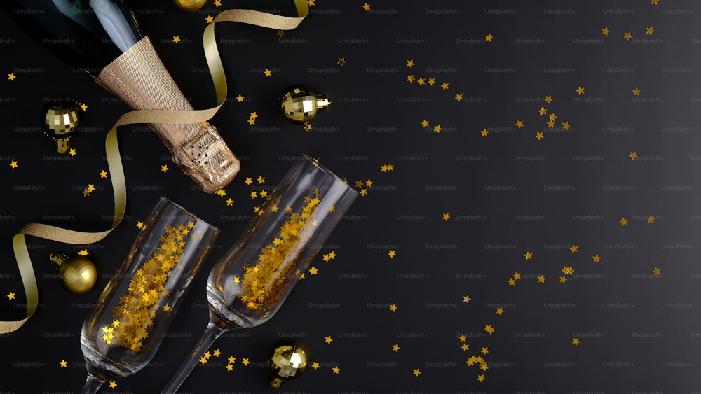 Black Christmas background with champagne bottle, glasses, golden confetti, luxury balls decorations. Flat lay, top view. Xmas banner mockup.