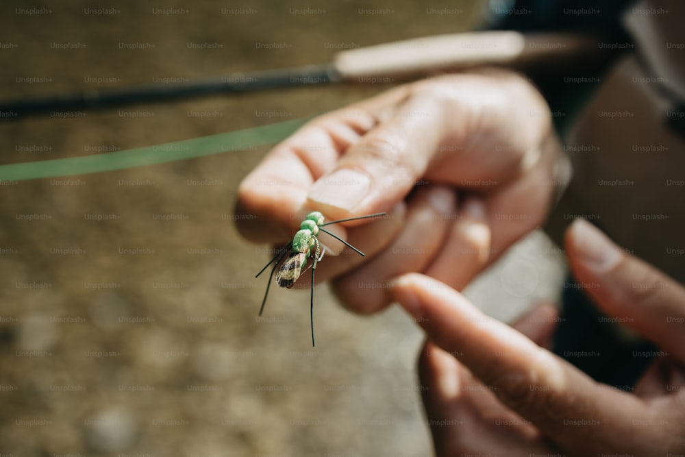 Close up tiro das mãos de pescadores seniores amarrando uma mosca para a pesca. Conceito de pesca com mosca. Vista de cima. Visão de ângulo alto sobre o ombro.