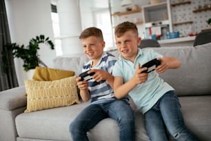 Happy brothers playing video games. Young brothers having fun while playing video games in living room