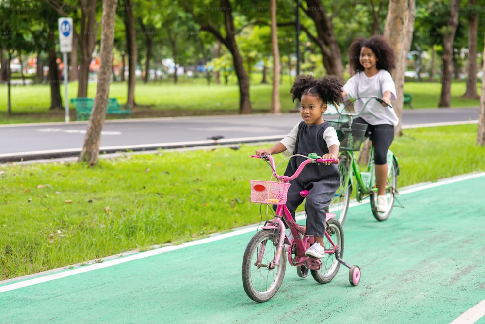 행복한 두 어린 소녀는 공원에서 함께 자전거를 타고 즐거운 시간을 보내고 있습니다.