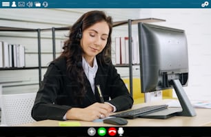 Business people meeting in video conference app on laptop monitor view . Online seminar application presented in cropped view of computer screen . Communication technology for corporate working .