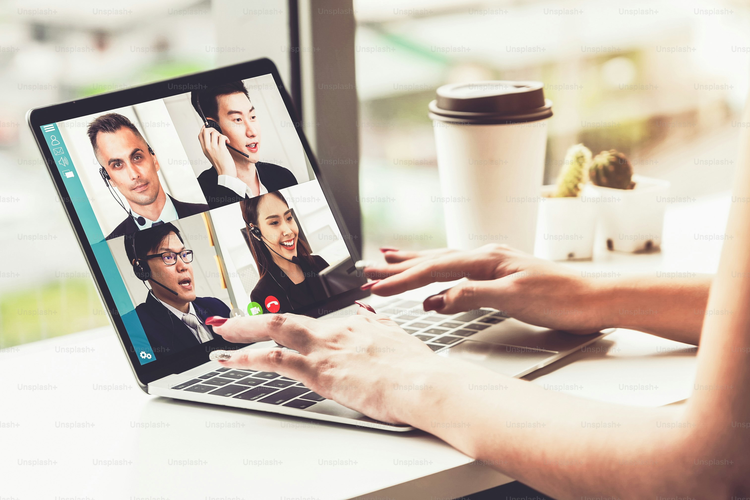 Video call business people meeting on virtual workplace or remote ...