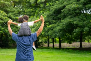 Smiling African father carrying mixed race cute child girl and walking in the park