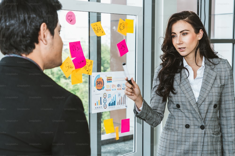 Business people work on project planning board in office and having conversation with coworker friend to analyze project development . They use sticky notes posted on glass wall to make it organized .