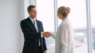 企業のオフィスで握手を交わすビジネスマンは、金融取引契約に関する専門的な合意を示しています。