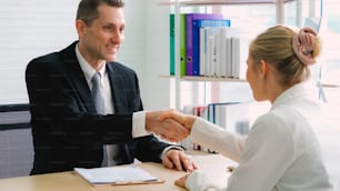 Job seeker and manager handshake in job interview meeting at corporate office. The young interviewee seeking for a professional career job opportunity . Human resources and recruitment concept.