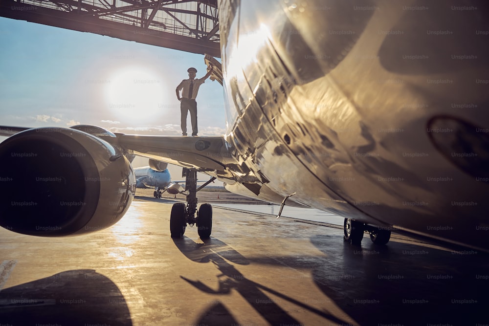 Ritratto del motore dell'aeroplano commerciale nell'aeroporto mentre il pilota si leva in piedi sull'ala isolato sullo sfondo del sole