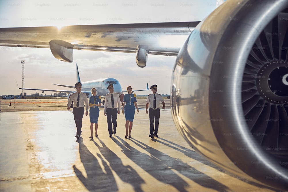 Full length portrait of flight team wearing business uniform walking near the passenger airplane in the outdoors
