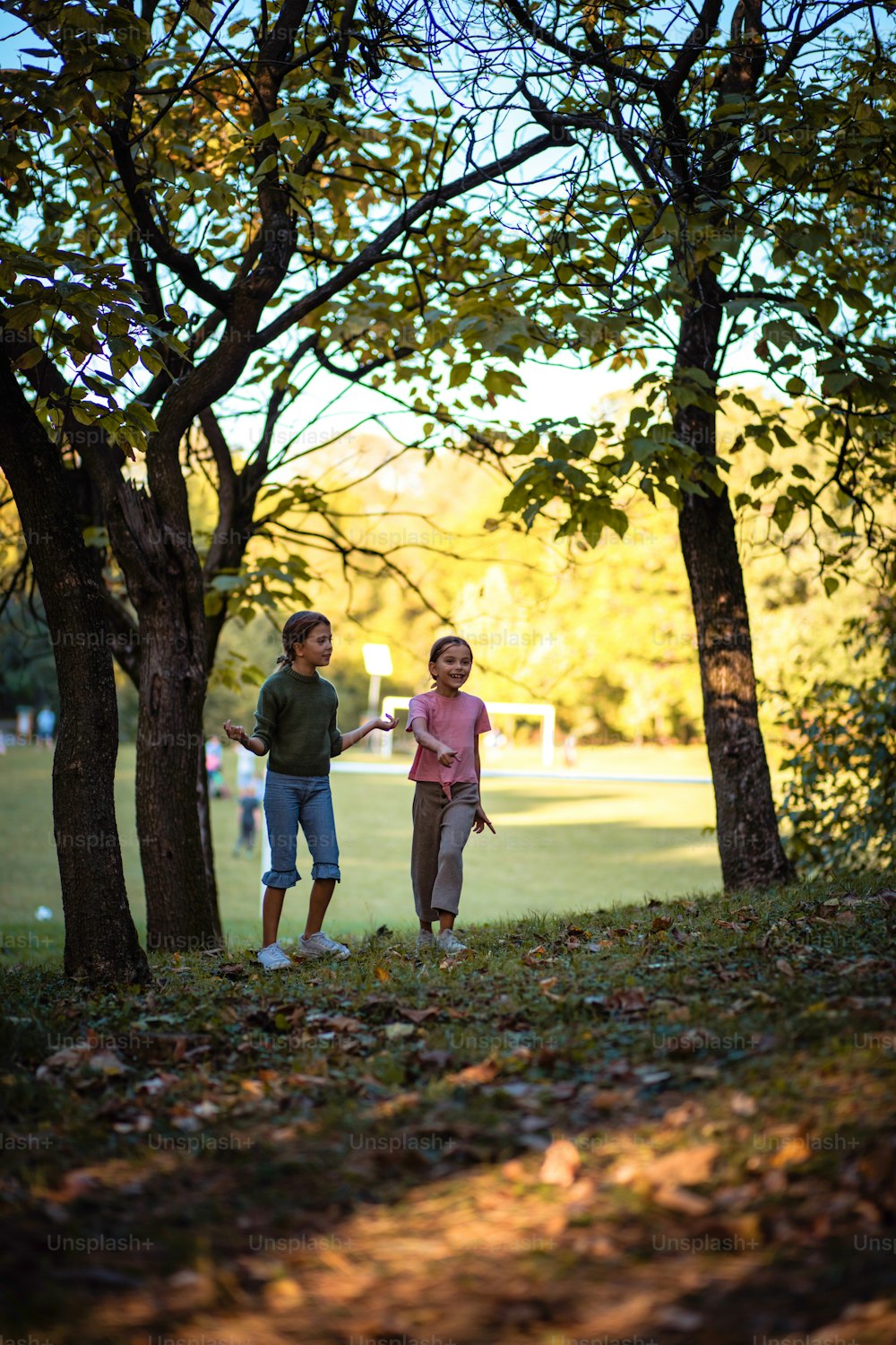 Two school girl walking trough forest and talking.