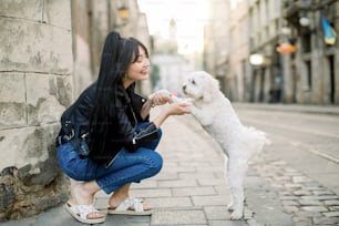 Jovem asiática urbana vestindo roupas casuais elegantes, jeans e jaqueta de couro, passeios com um pequeno cão branco bonito na rua contra o fundo da parede e velhos edifícios vintage.