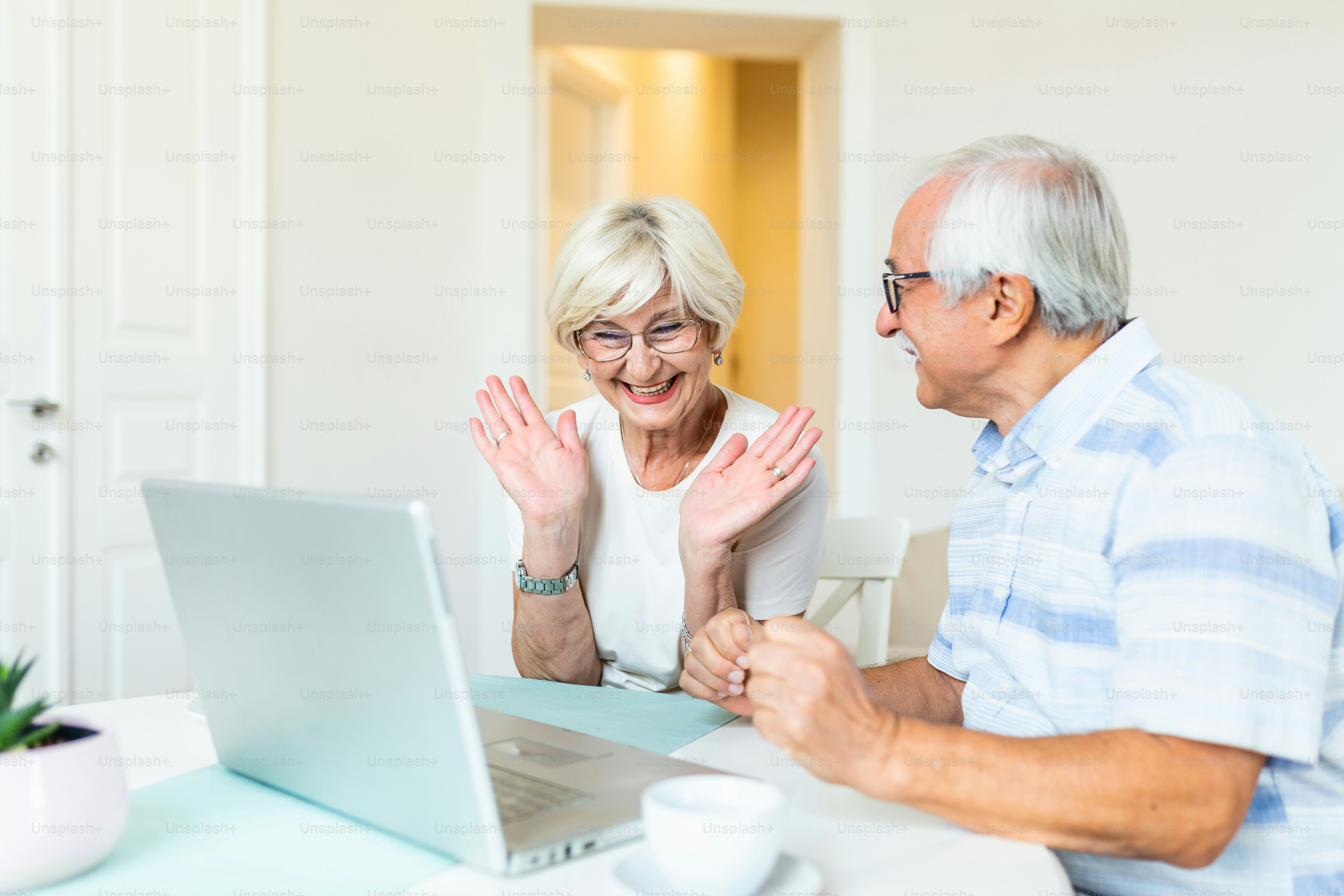 Happy senior couple with laptop having video call. Retirement senior couple lifestyle old age, communicate connecting technology people, quarantine concept.